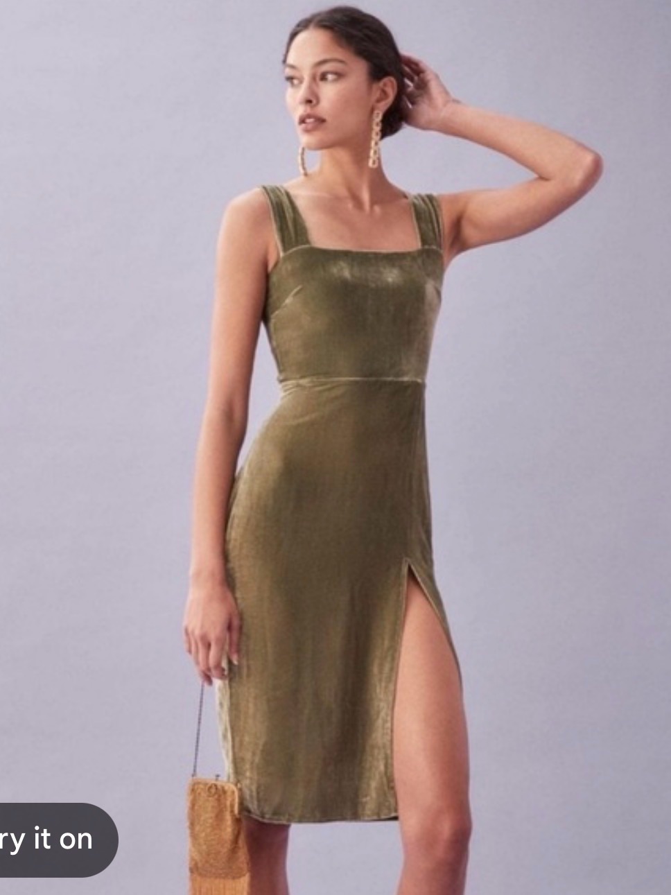 Reformation Olive Velvet Square-Neck Midi Dress With Thigh Slit